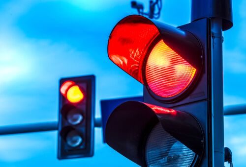 Traffic,Lights,Over,Urban,Intersection.,Red,Light